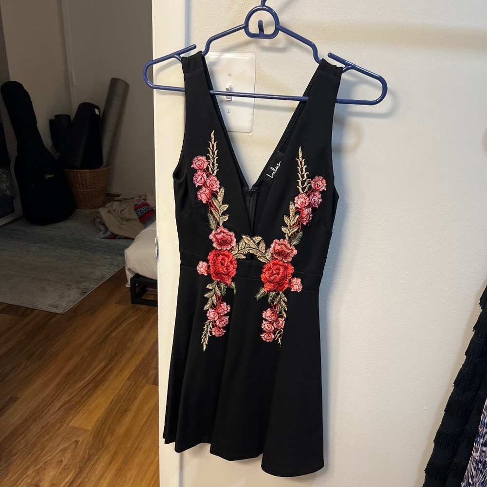 Rose embroidered mini dress